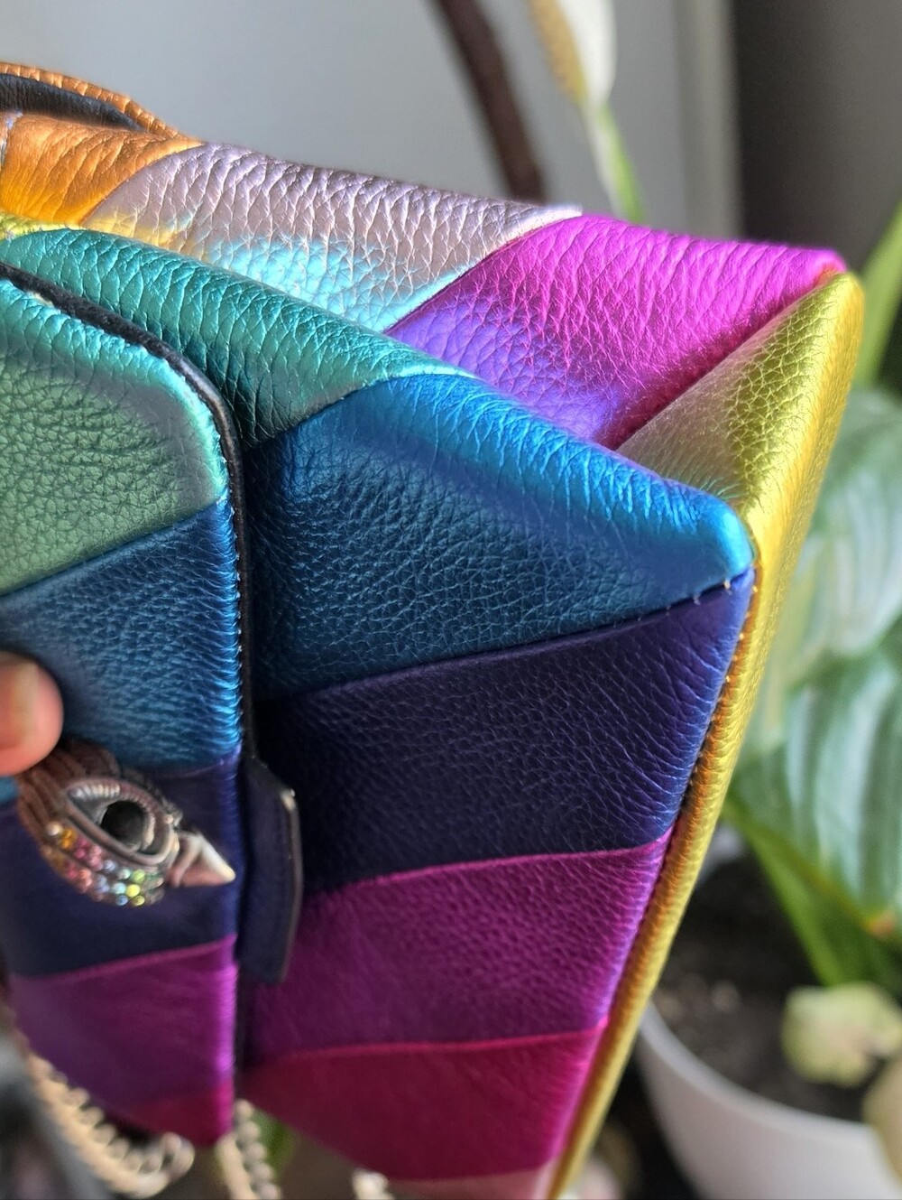 Kurt Geiger Rainbow Chevron Leather Crossbody Bag - Pink Purple Blue Teal Yellow - Picture 5 of 12